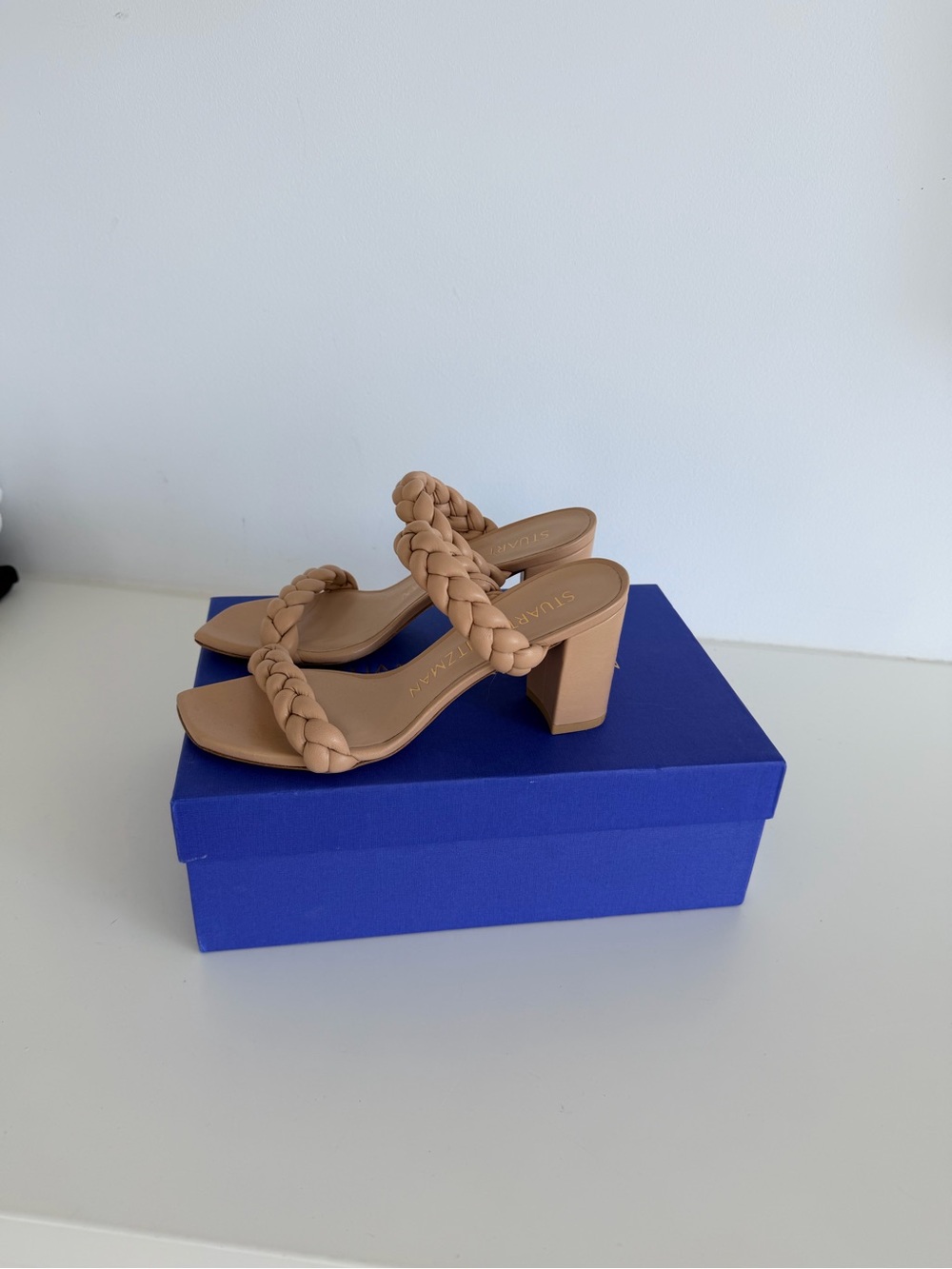 Stuart Weitzman Braided Tan Block Heel Sandals